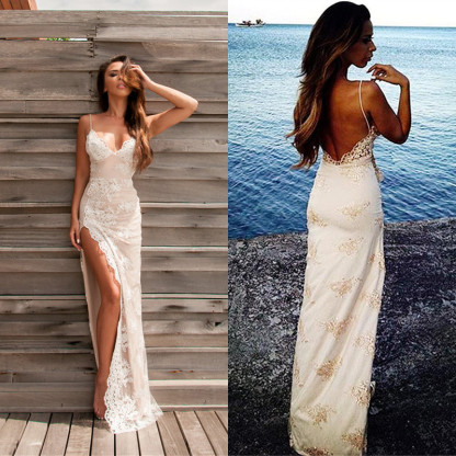 Sexy Long V-neck Spaghetti Straps Lace Mermaid Prom Dress With Split - YESBABYONLINE