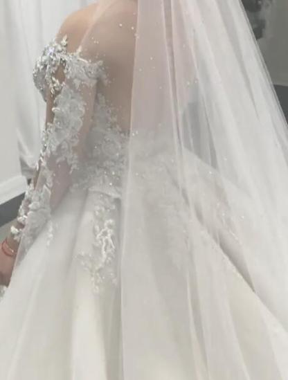 Elegant Long Sleeves Mermaid Sweetheart Tulle Lace Wedding Dresses with Tulle Overskirt - YESBABYONLINE