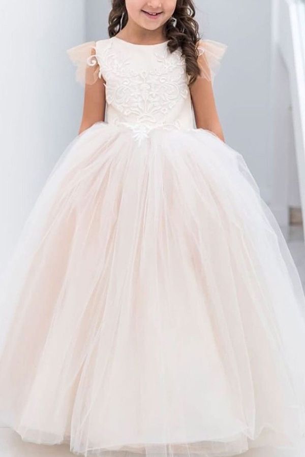 Long Ball Gown Tulle Appliques Lace Dress Little Girl for Wedding Party - YESBABYONLINE