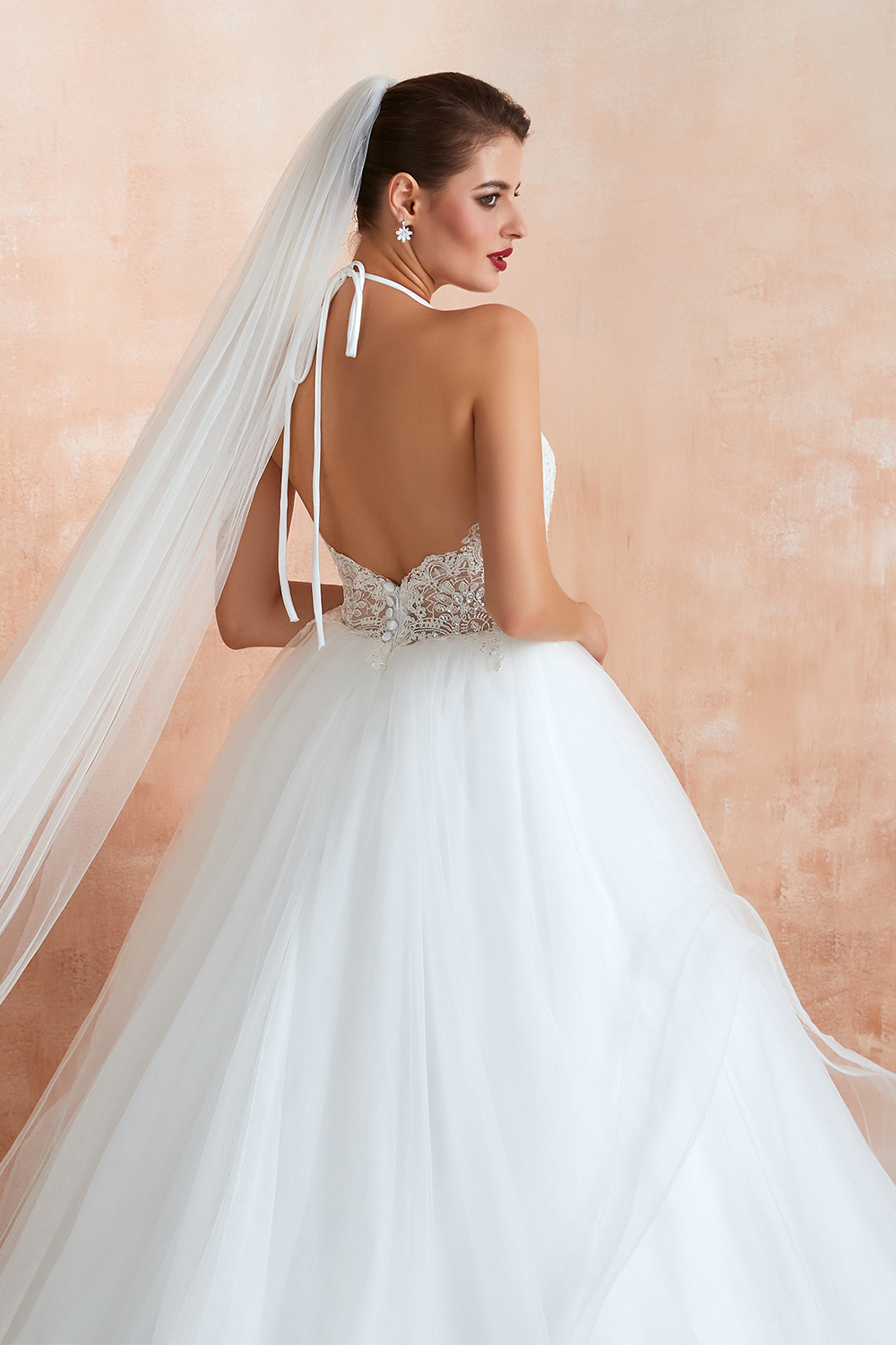 Long Ball Gown Halter Backless Tulle Lace Wedding Dresses - YESBABYONLINE