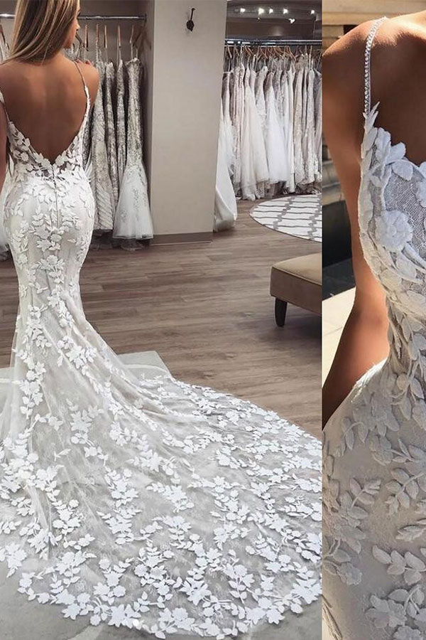 Sexy Long Mermaid Sleeveless Applique Lace Spaghetti Strap Open Back Wedding Dresses - YESBABYONLINE