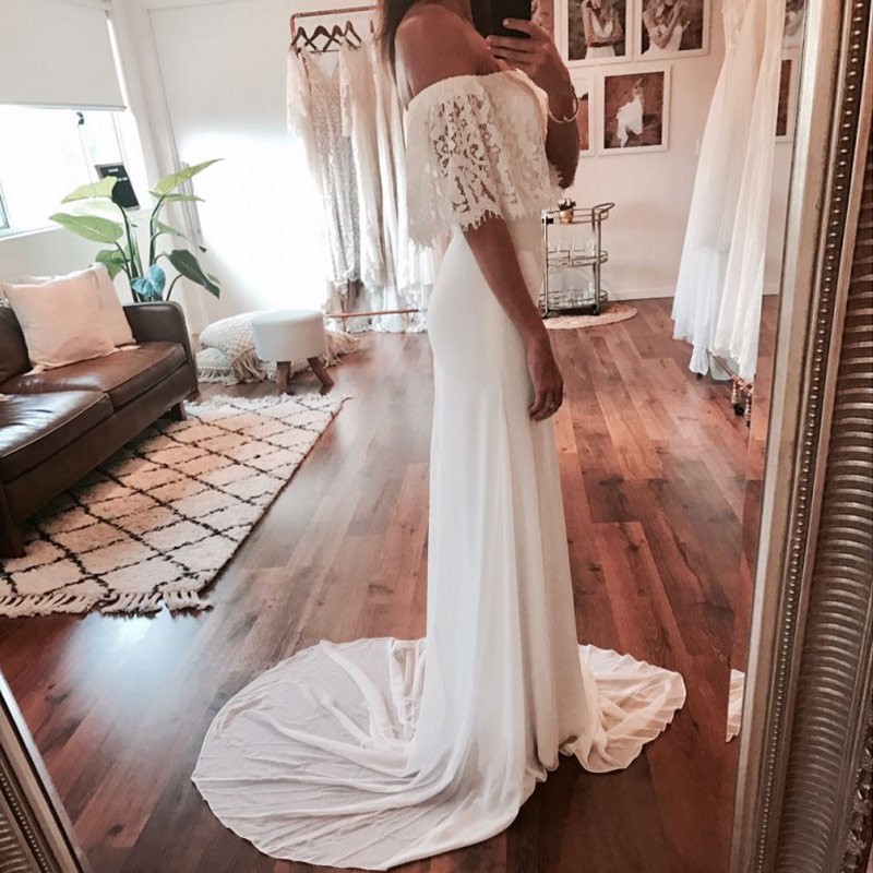 Chic Long A-line Off-the-Shoulder Chiffon Lace Wedding Dresses - YESBABYONLINE