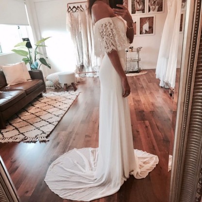 Chic Long A-line Off-the-Shoulder Chiffon Lace Wedding Dresses - YESBABYONLINE
