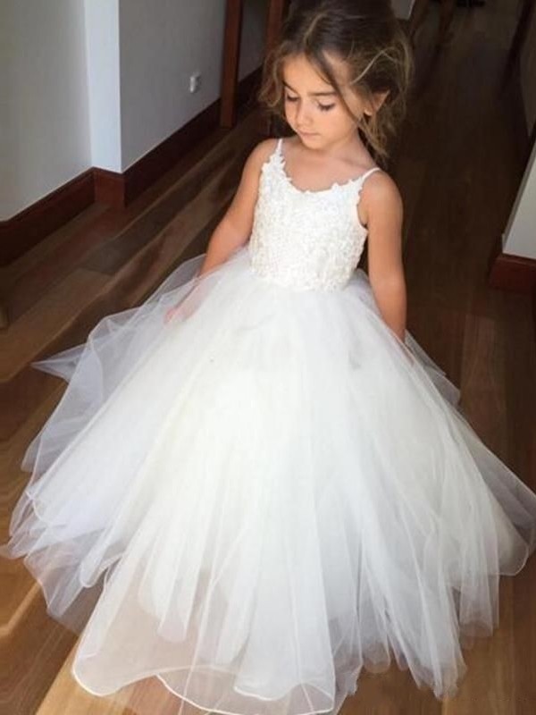 White Long A-line Spaghetti Straps Tulle Lace Flower Girl Dresses - YESBABYONLINE