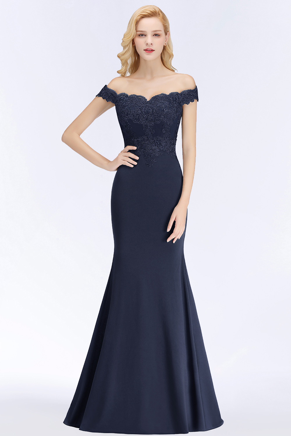Elegant Long Mermaid Off The Shoulder Satin Appliques Lace Floor Length Bridesmaid Dresses - YESBABYONLINE