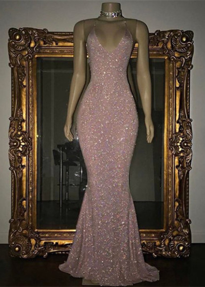 Stunning Long Sequins Mermaid Spaghetti Straps V-neck Floor-length Prom Dress - YESBABYONLINE