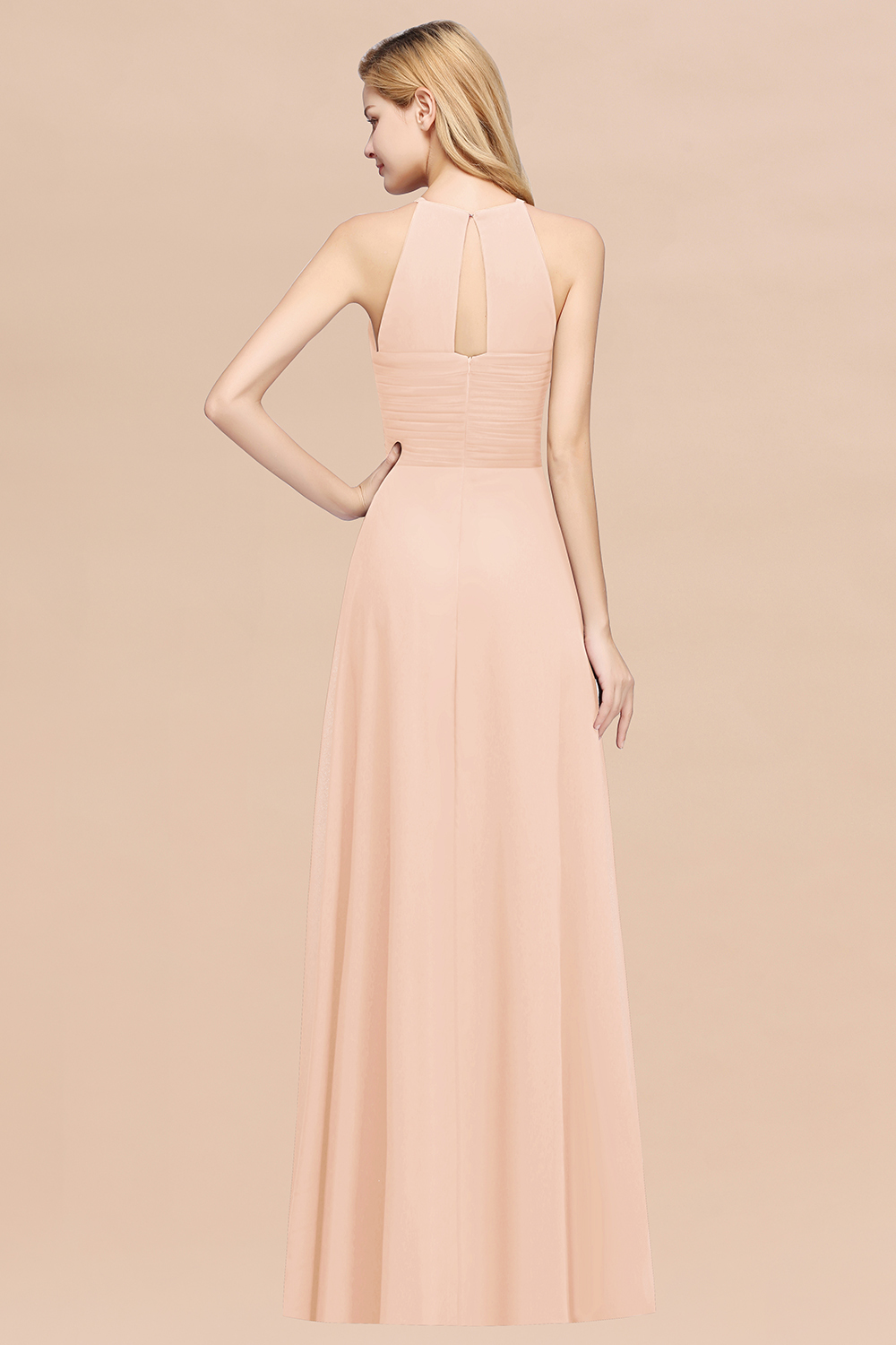 Long A-Line Halter Ruffles Floor-Length Chiffon Bridesmaid Dress - YESBABYONLINE