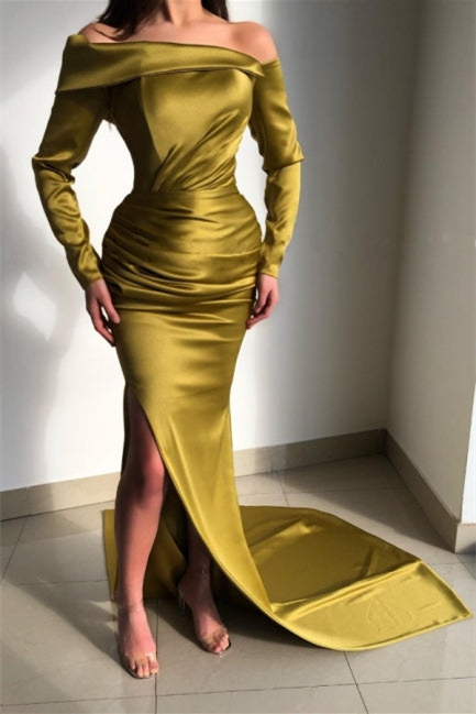 Off the shoulder long sleeve mermaid satin prom dress with a split