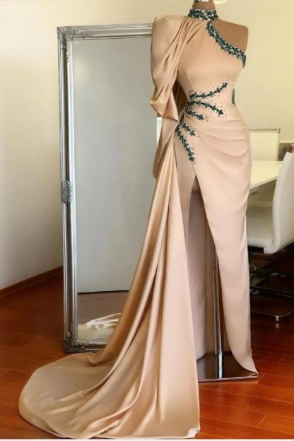 Long Sleeves Mermaid Asymmetrical High Neck Satin Prom Dress with Slit - YESBABYONLINE