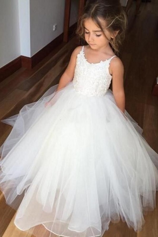White Long A-line Spaghetti Straps Tulle Lace Flower Girl Dresses - YESBABYONLINE