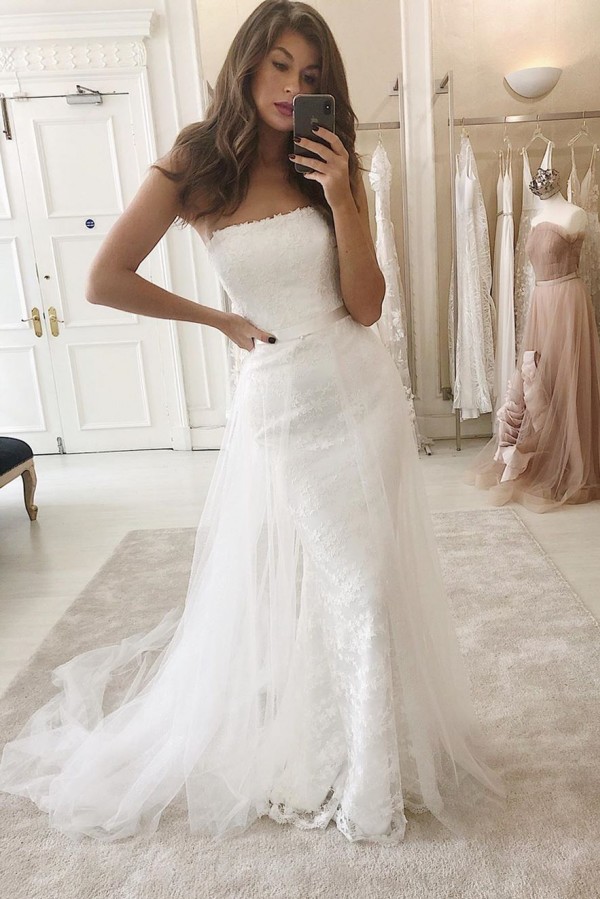 Long Mermaid Strapless Lace Tulle Wedding Dresses with Detachable Tulle Train - YESBABYONLINE