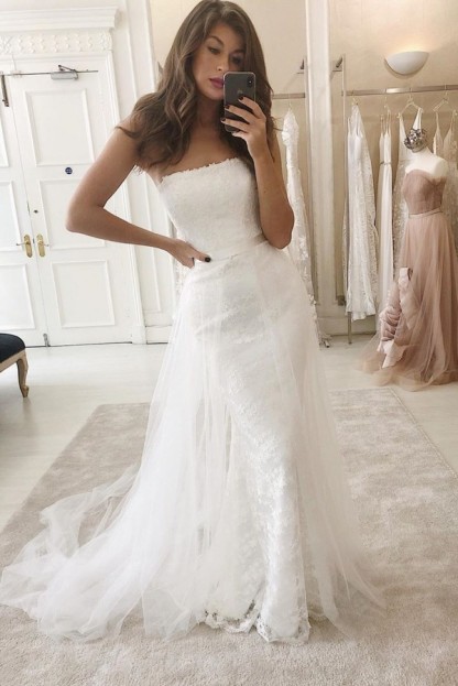 Long Mermaid Strapless Lace Tulle Wedding Dresses with Detachable Tulle Train - YESBABYONLINE