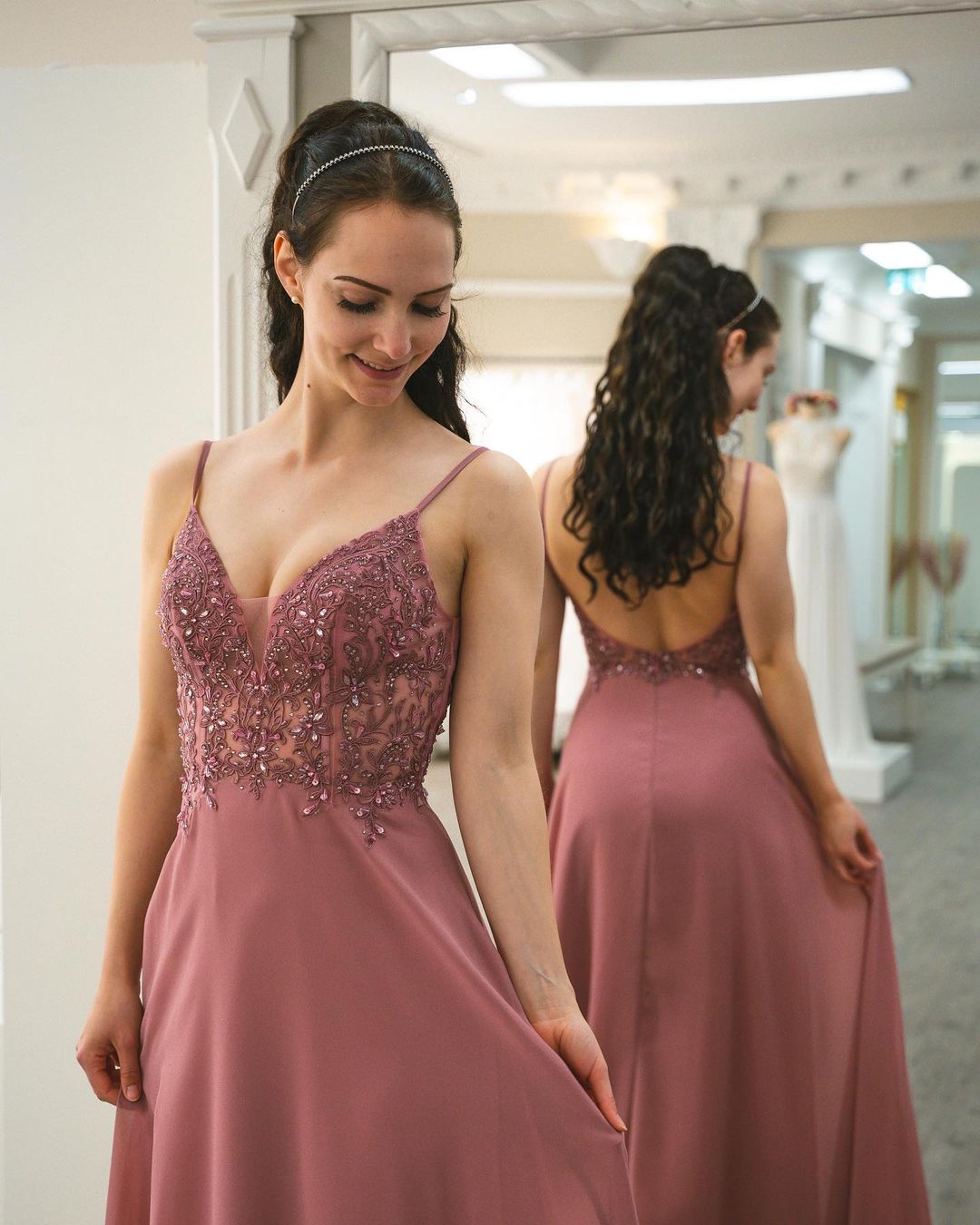 Long A-line V-neck Spaghetti Straps Ruffles Chiffon Prom Dresses With Appliques Lace - YESBABYONLINE