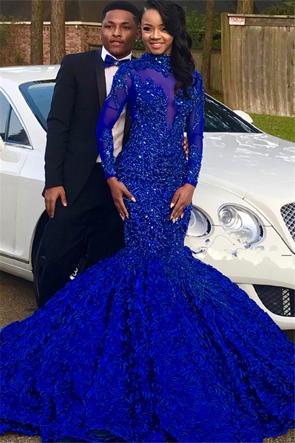 Glamorous Royal Blue Long Sleeves High Neck Flower Applique Lace Mermaid Prom Dresses - YESBABYONLINE