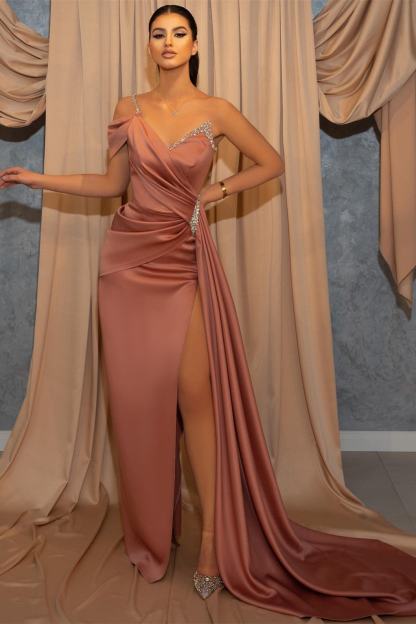 Charming Long One Shoulder V-Neck Split Front Mermaid Prom Dresses with Ruffles - YESBABYONLINE