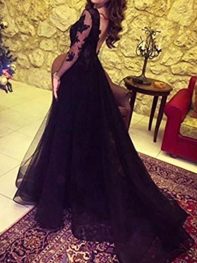 Long A-line Bateau Lace Tulle Lace Backless Front Slit Prom Dress with Sleeves - YESBABYONLINE