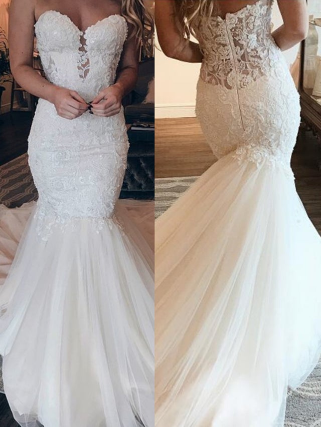 Long Mermaid Sweetheart Tulle Lace Wedding Dresses - YESBABYONLINE