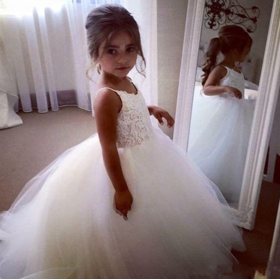 White Long A-line Spaghetti Straps Tulle Lace Flower Girl Dresses - YESBABYONLINE