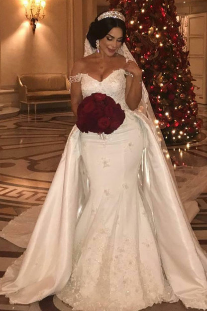 Long Mermaid Off-the-Shoulder Satin Appliques Lace Wedding Dress with Detachable Train - YESBABYONLINE