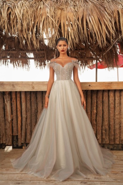 Sexy Long A-line Floor Length Off the Shoulder Tulle Beaded Prom Dresses - YESBABYONLINE