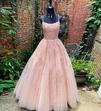 Elegant Long A-line Spaghetti Strap Strapless Backless Applique Lace Prom Dresses - YESBABYONLINE