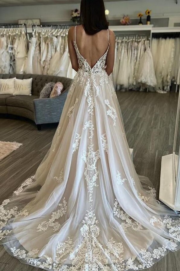 Long A Line V neck Floor Length Sleeveless Spaghetti Straps Open Back Wedding Dress - YESBABYONLINE