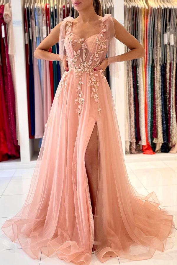 Elegant Long A-line Tulle Spaghetti Straps Sweetheart Floral Lace Prom Dresses with Side Split - YESBABYONLINE
