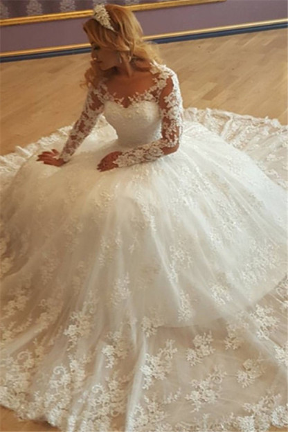 Long Sleeves Ball Gown V-neck Tulle Lace Appliques Wedding Dresses - YESBABYONLINE