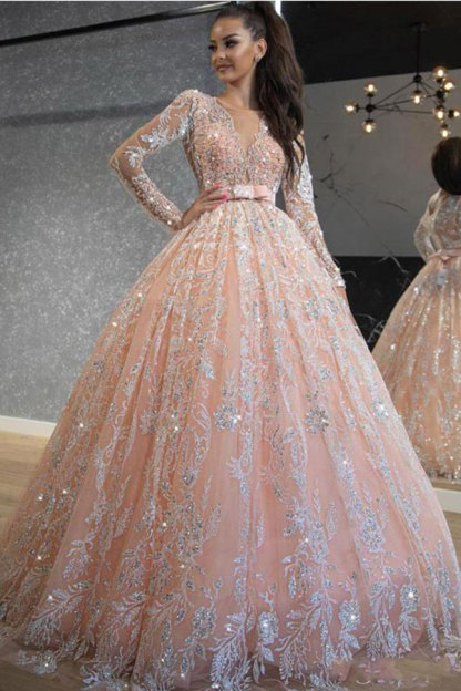 Pink Long Sleeves Ball Gown V-neck Applique Lace Tulle Wedding Dresses - YESBABYONLINE