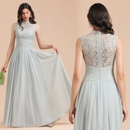 Long A-line High Neck Chiffon Lace Floor Length Bridesmaid Dresses - YESBABYONLINE