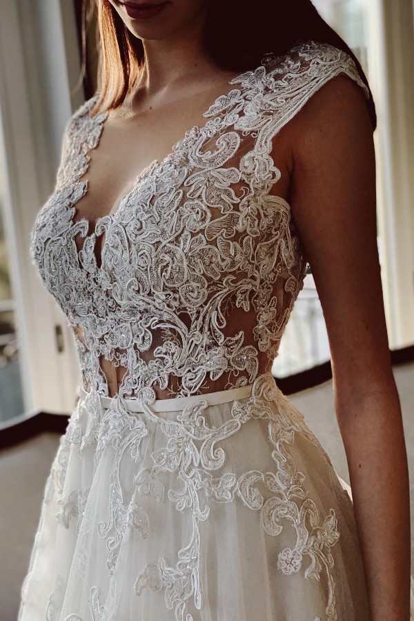 Charming Ivory A-Line Floor Length V-Neck Garden Lace Wedding Dress - YESBABYONLINE