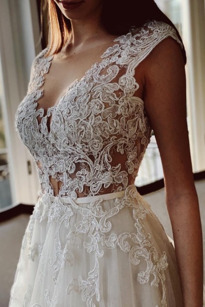 Charming Ivory A-Line Floor Length V-Neck Garden Lace Wedding Dress - YESBABYONLINE