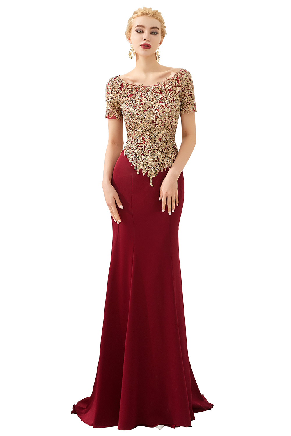 Long Mermaid Bateau Satin Applique Lace Evening Dresses with Short Sleeves - YESBABYONLINE