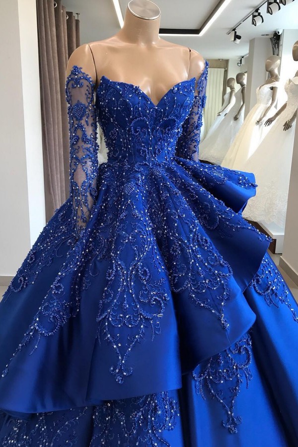Gorgeous Royal Blue Long Ball Gown Sweetheart Lace Ruffled Prom Dress - YESBABYONLINE
