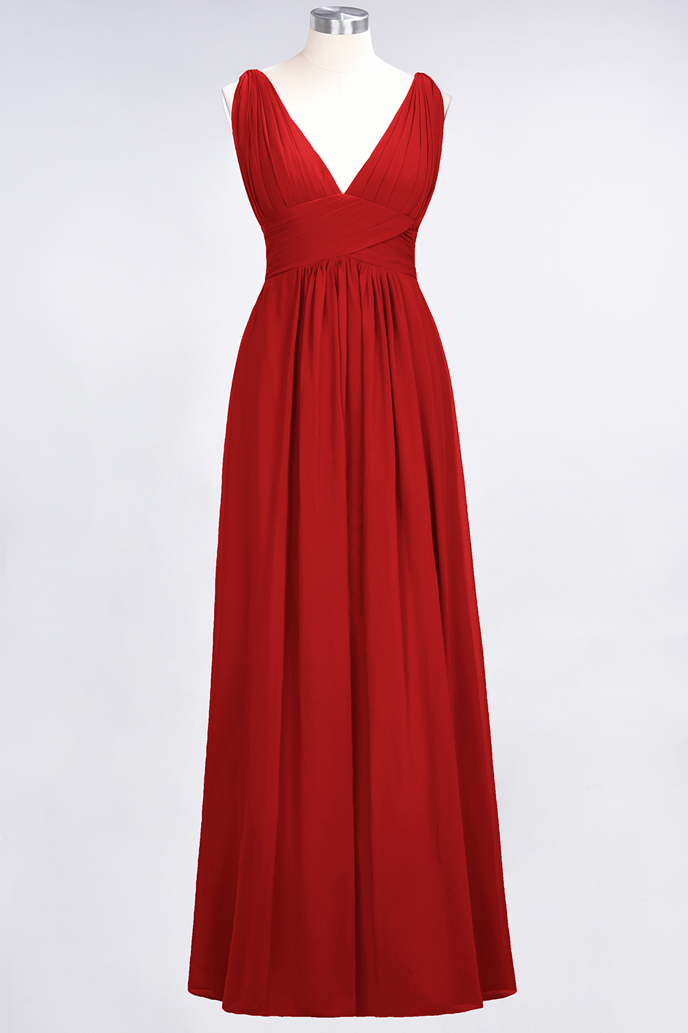 Long A Line V Neck Sleeveless Floor Length Bridesmaid Dress with Ruffle - YESBABYONLINE