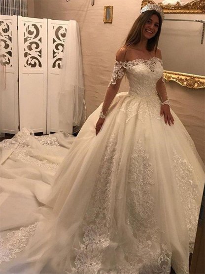 Long Ball Gown Off The Shoulder Tulle Applique Lace Wedding Dresses with Sleeves - YESBABYONLINE