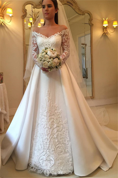 Modern Long Off the Shoulder A-Line Satin Lace Wedding Dresses with Sleeves - YESBABYONLINE