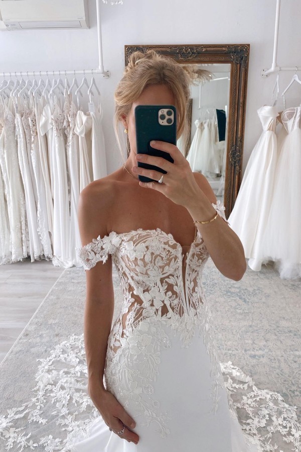 Long Off the Shoulder Mermaid Floor Length Satin Lace Wedding Dresses - YESBABYONLINE