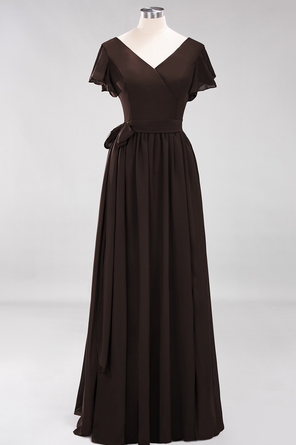 Elegant A-line V-Neck Short Sleeves Floor-Length Bridesmaid Dresses with Bow Sash - YESBABYONLINE