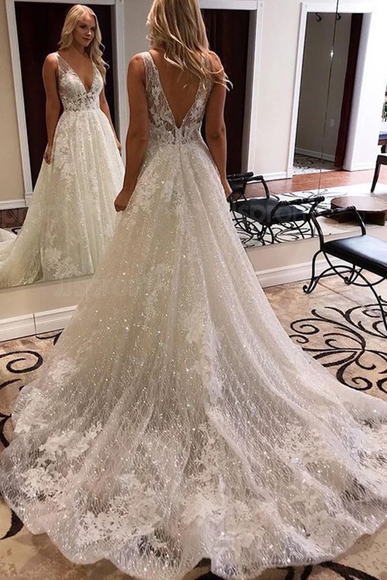 Long A-line Straps V Neck Backless Sequined Applique Lace Backless Wedding Dresses - YESBABYONLINE