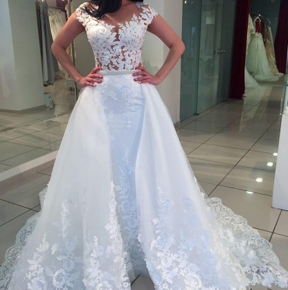 White Long Mermaid Sweetheart Lace Tulle Wedding Dresses - YESBABYONLINE