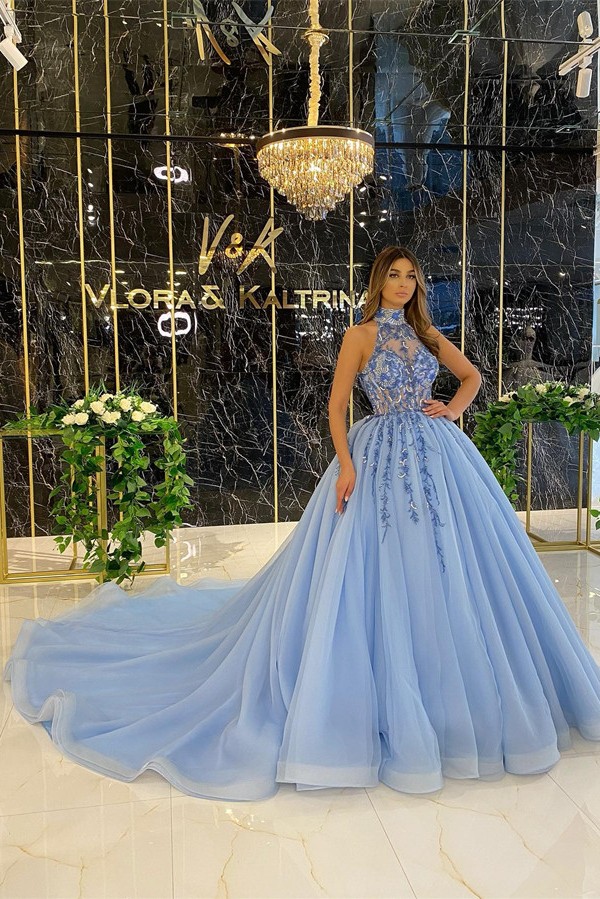 Elegant Long Ball Gown Halter Sleeveless Beading Floor Length Tulle Prom Dress - YESBABYONLINE