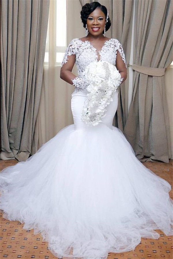 Long Mermaid Sweetheart Lace Tulle Wedding Dresses with Sleeves - YESBABYONLINE
