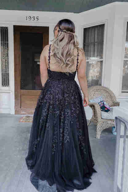 Elegant A-line Long Baby Blue Straps V-Neck Lace Prom Dress