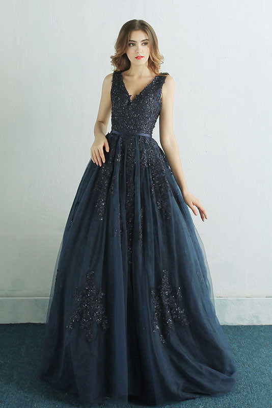 Elegant A Line Navy Blue Long Prom Dress with Lace Appliques