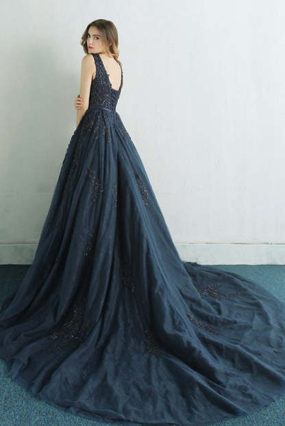 Elegant A Line Navy Blue Long Prom Dress with Lace Appliques