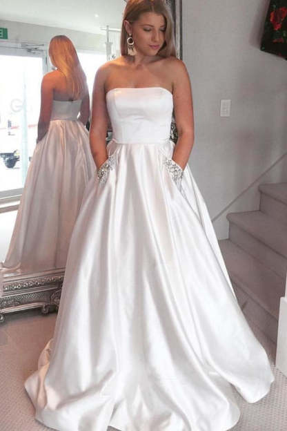 Elegant Beaded Pockets Strapless Baby Blue Long Prom Dress