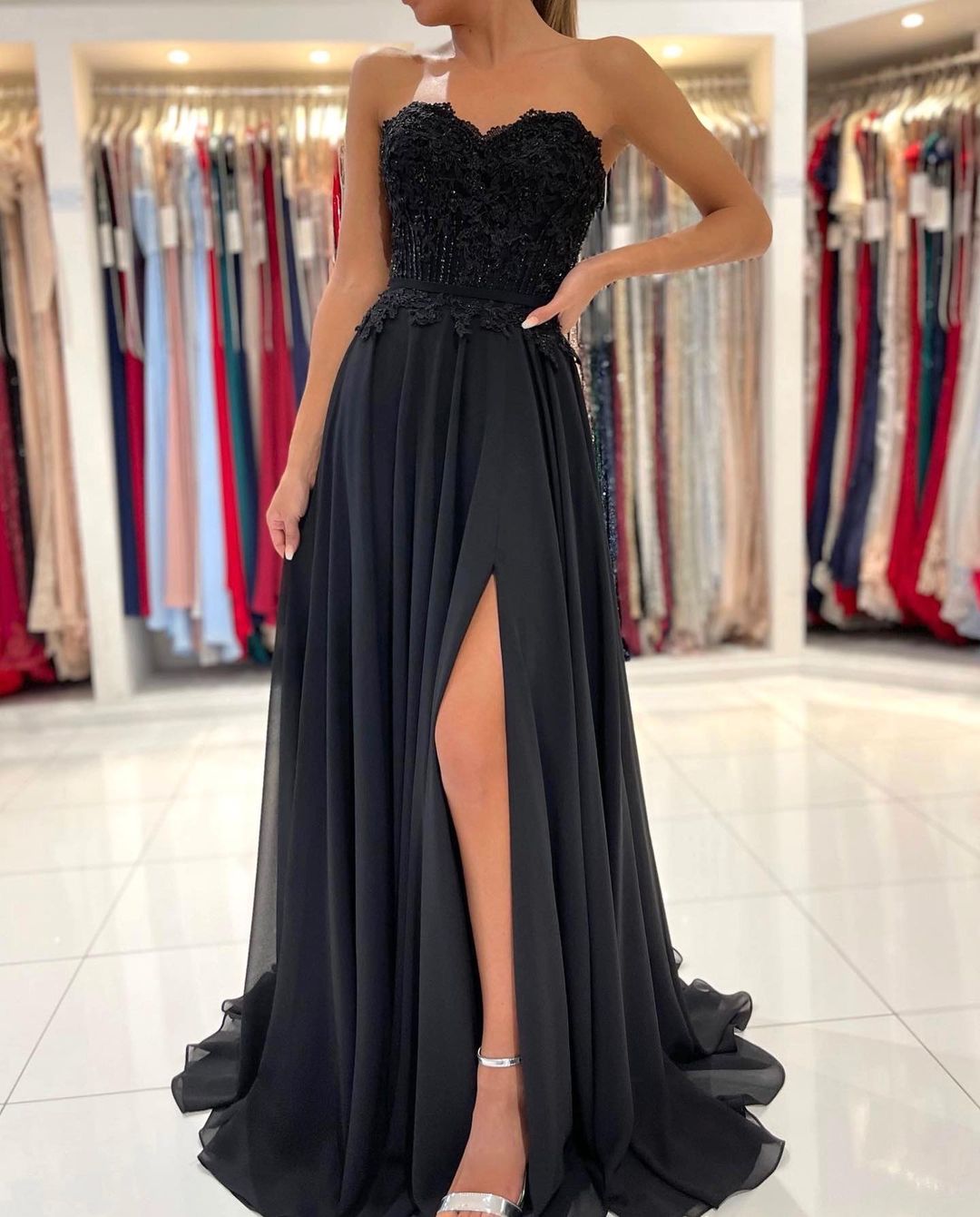 Elegant Black Long A-line Sweetheart Chiffon Prom Dress with Slit - YESBABYONLINE