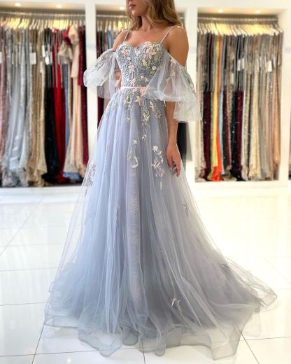 Elegant Long A-line Off the Shoulder Tulle Formal Prom Dress with Sleeves - YESBABYONLINE