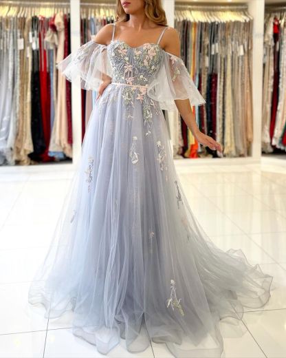 Elegant Long A-line Off the Shoulder Tulle Formal Prom Dress with Sleeves - YESBABYONLINE